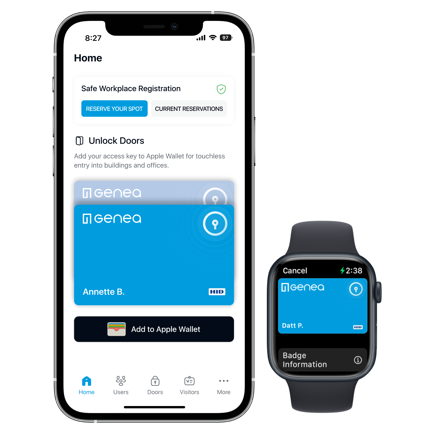 A smartphone and smartwatch showcase a workplace app featuring mobile access control, with Safe Workplace Registration and door unlocking via Apple Wallet. The phone displays the home screen with an access key card, while the watch reveals badge information.