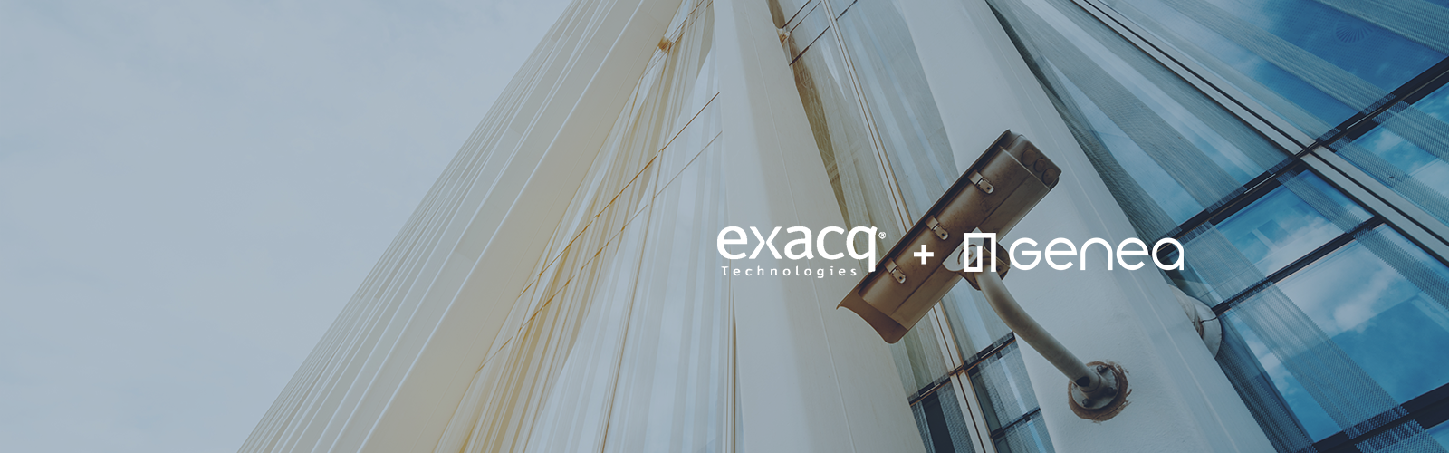 A security camera is mounted on the exterior of a modern building with a reflective glass facade. The sky is partially visible. Logos for exacqvision and Genea appear overlaid on the image, highlighting their collaborative presence in surveillance technology.