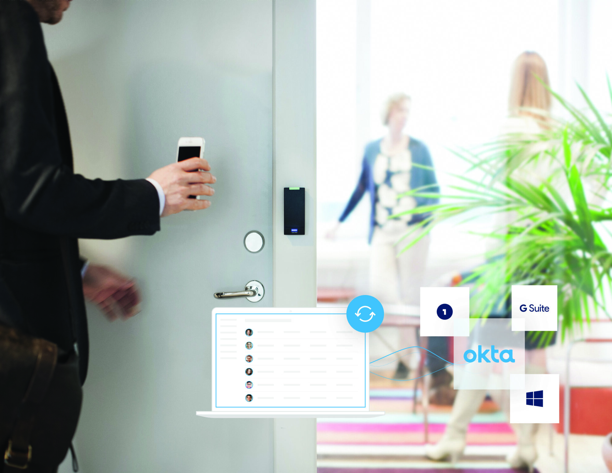 A person holding a smartphone approaches a door with an electronic access device, showcasing seamless access control integrations. In the foreground, digital icons represent Okta, G Suite, and Windows, suggesting secure cloud or workplace access solutions.