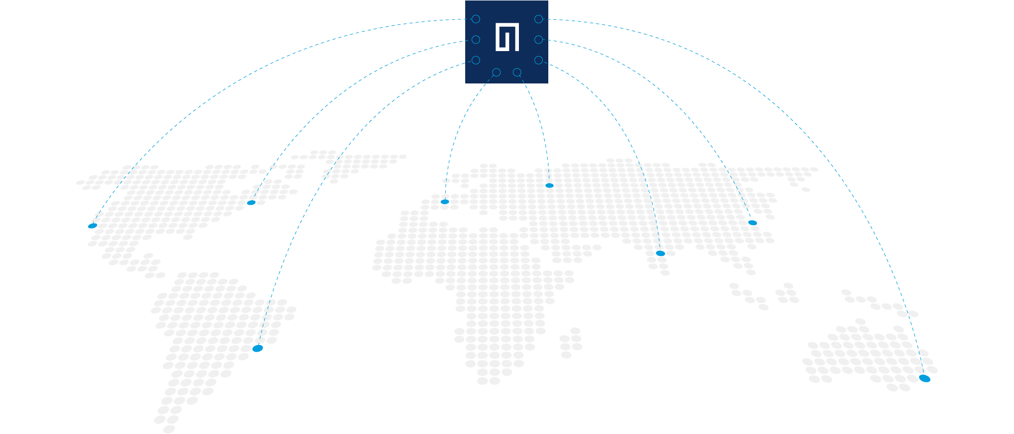 A digital illustration of a global dashboard features a world map with light blue dots marking various locations. Dotted lines connect these points to a central dark blue square with a symbol, suggesting global connectivity or networking.