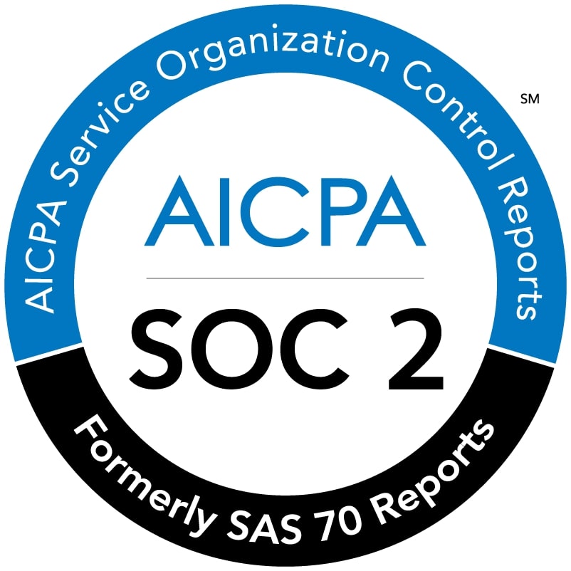 The seal for AICPA Service Organization Control Reports, SOC 2, emphasizes security and compliance. This circular logo with a blue and black design indicates its legacy as the former SAS 70 Reports.