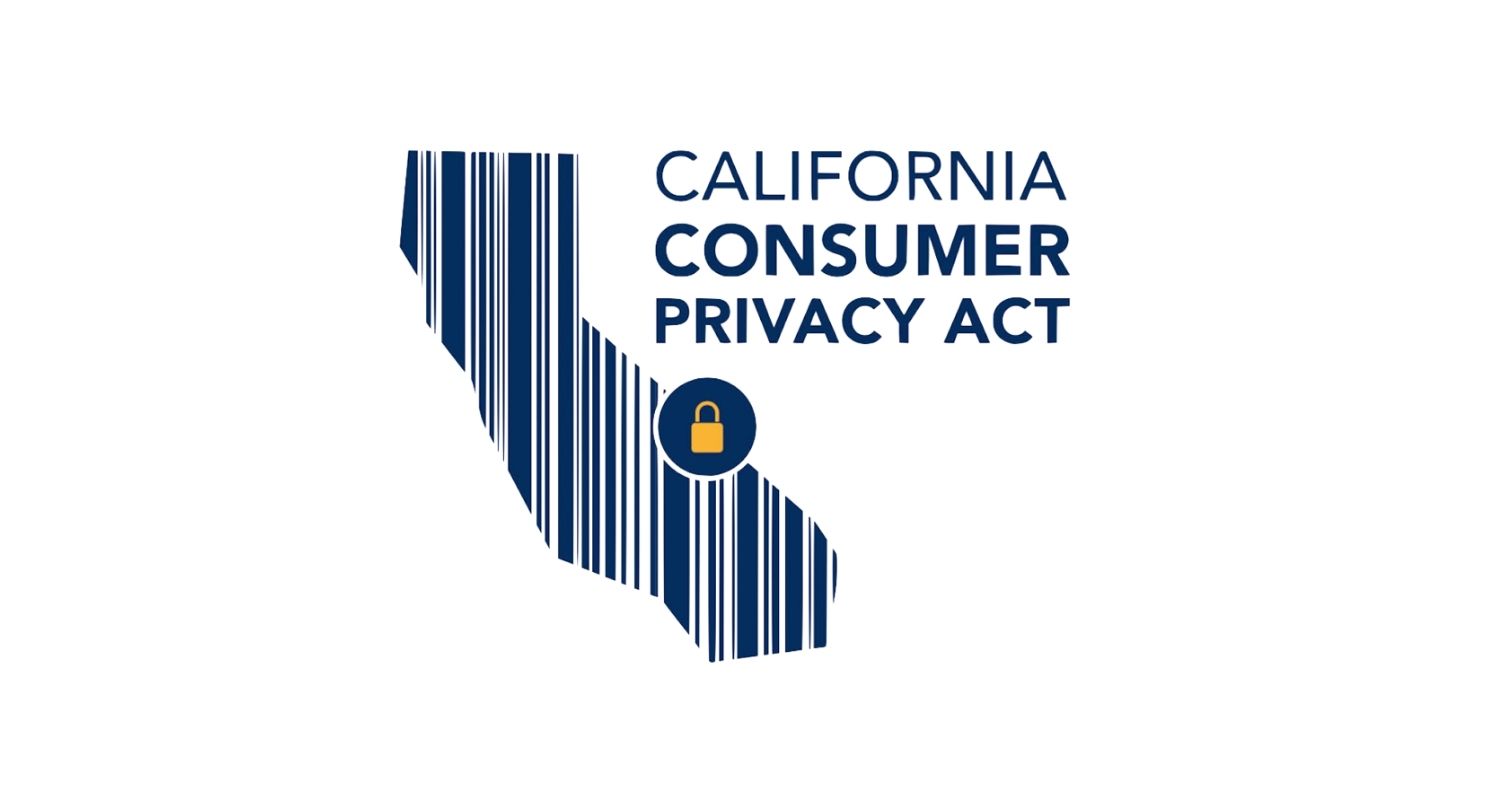 Silhouette of California with barcode lines and a small padlock icon symbolizes security and compliance. Text reads California Consumer Privacy Act to the right of the image.