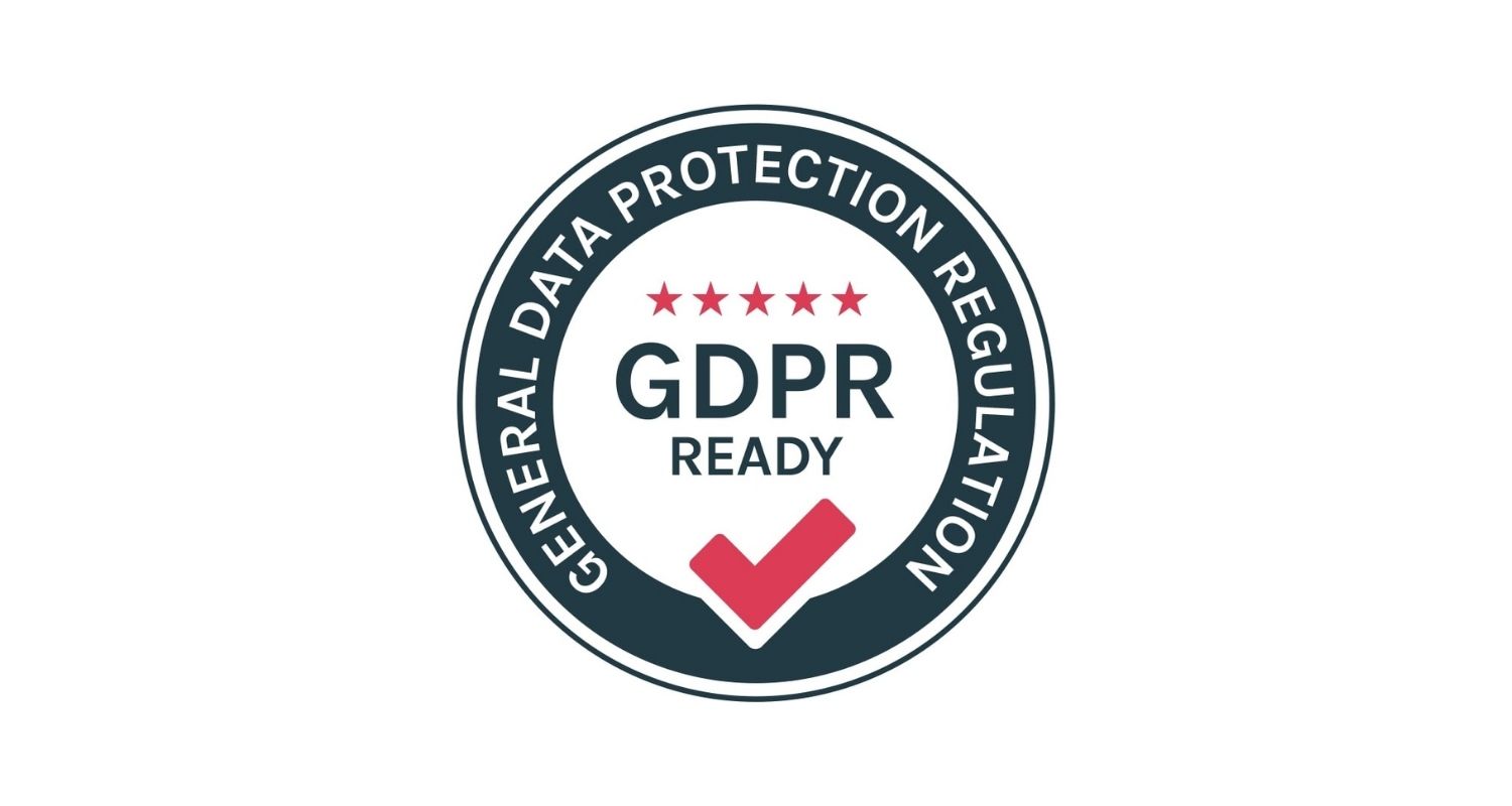 A circular logo features the text General Data Protection Regulation around the edge and GDPR Ready at the center, emphasizing security and compliance. A red checkmark and four red stars complete the design.