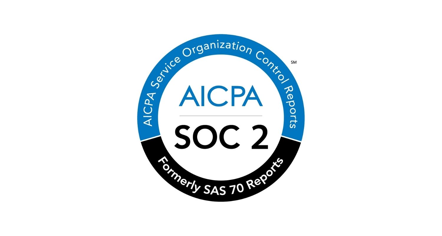 A seal for AICPA Service Organization Control Reports, labeled SOC 2, emphasizes security and compliance. It includes the text Formerly SAS 70 Reports and features a circular design with blue and black colors.