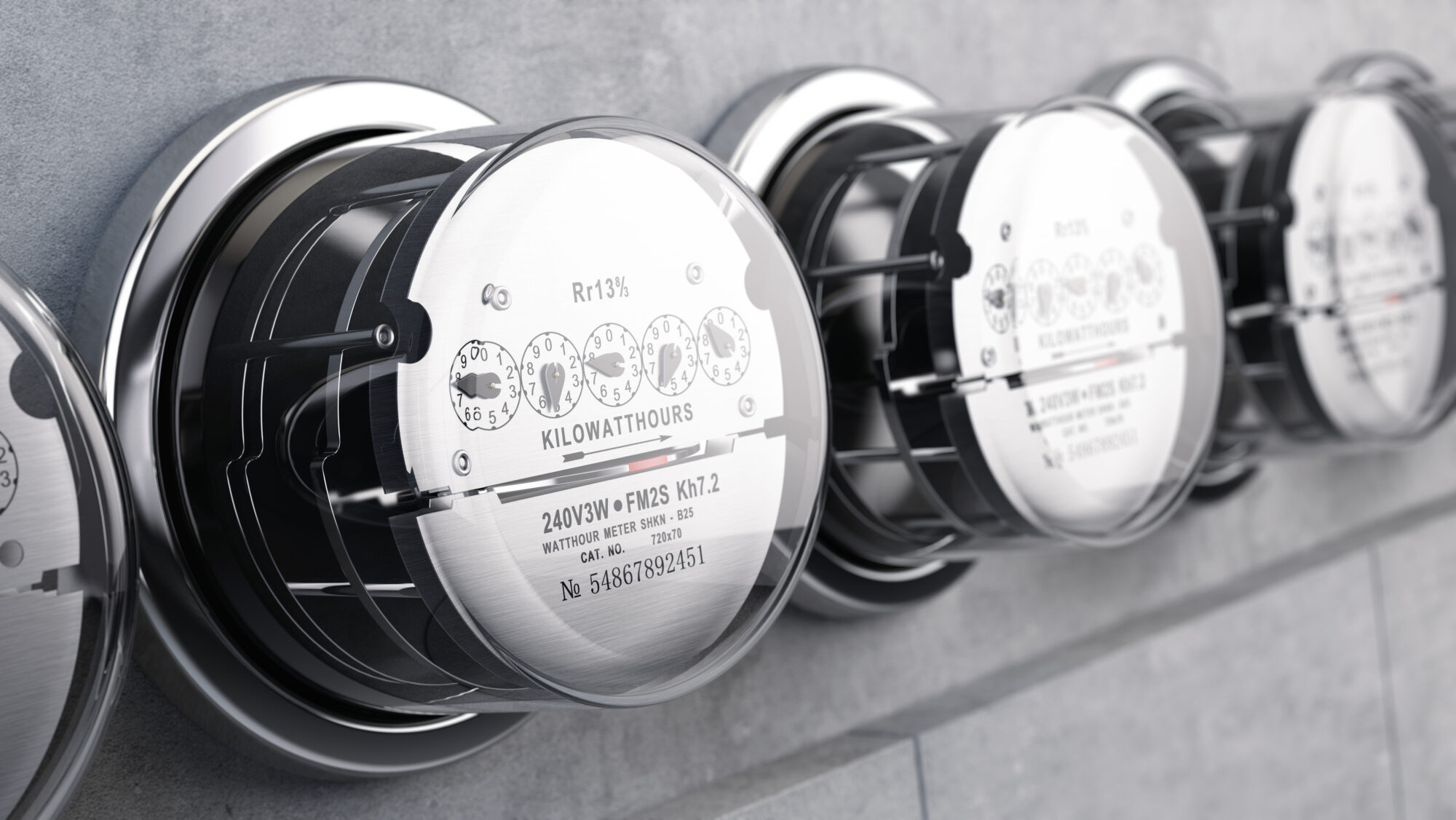 Close-up of several electric meters mounted on a gray wall. The meters have clear covers, displaying numbers and dials that measure electricity consumption in kilowatt-hours. The metal casings reflect light and show various engraved details.