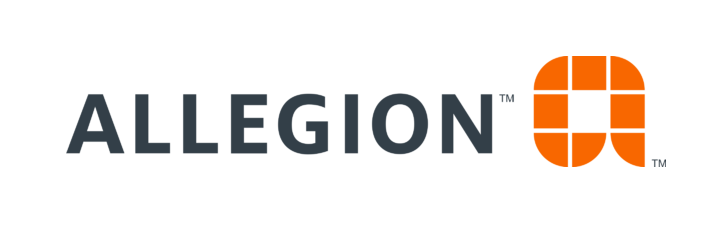 The logo of Allegion showcases the word ALLEGION in dark gray capital letters, complemented by an orange stylized square design on the right, symbolizing innovation in wireless locks.