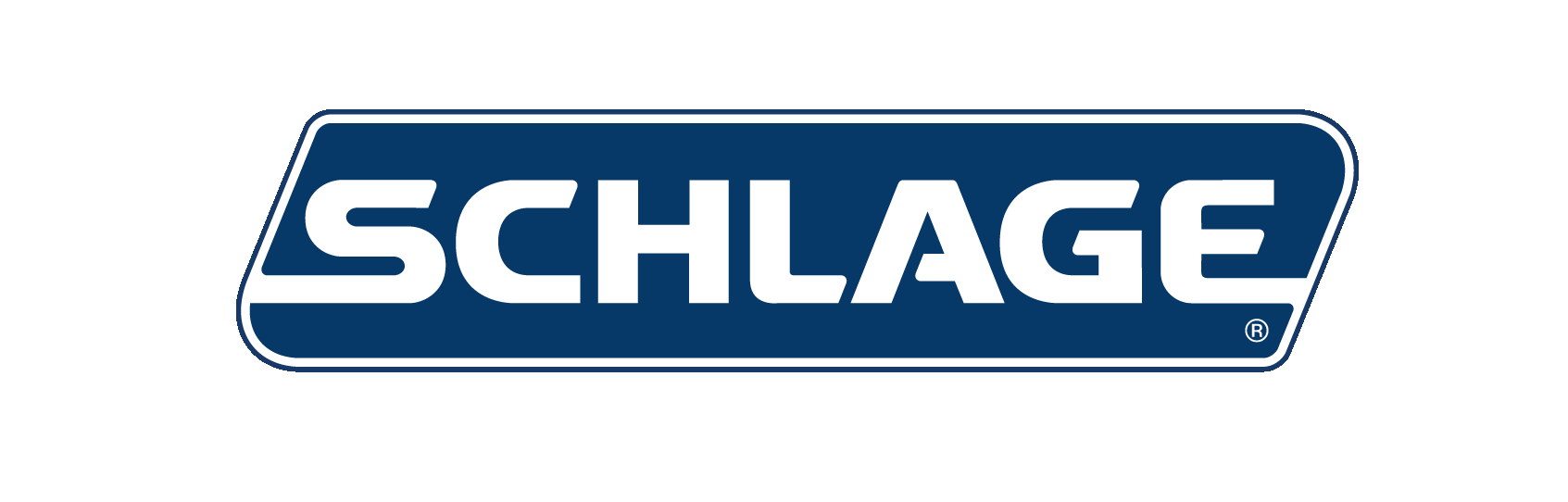 Logo of Schlage: The word SCHLAGE is displayed in bold, white letters inside a blue, elongated hexagonal shape, representing the innovation and security of their wireless locks.