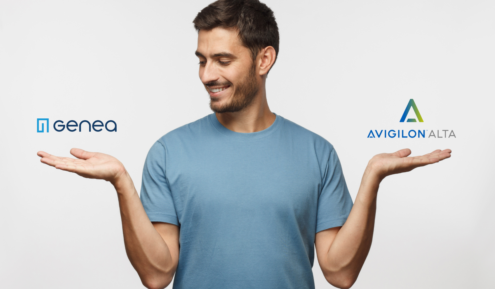 A cheerful man in a blue shirt extends his hands, showcasing the Genea logo in one palm and proudly displaying the Avigilon Alta logo in the other, set against a pristine white background.