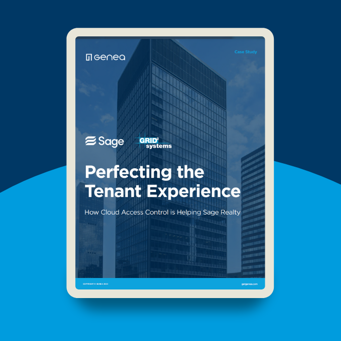 Cover of a case study titled Perfecting the Tenant Experience by Genea, Sage, and Grid Systems. It explores how building access control benefits Sage Realty, featuring a modern skyscraper in the background.