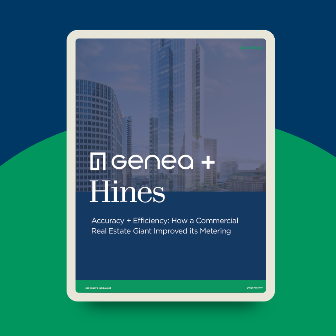 Digital cover featuring the Genea + Hines logo above an urban skyline. Text below reads: Accuracy + Efficiency: How a Commercial Real Estate Giant Improved its Submeter Billing. Background includes blue and green abstract shapes.