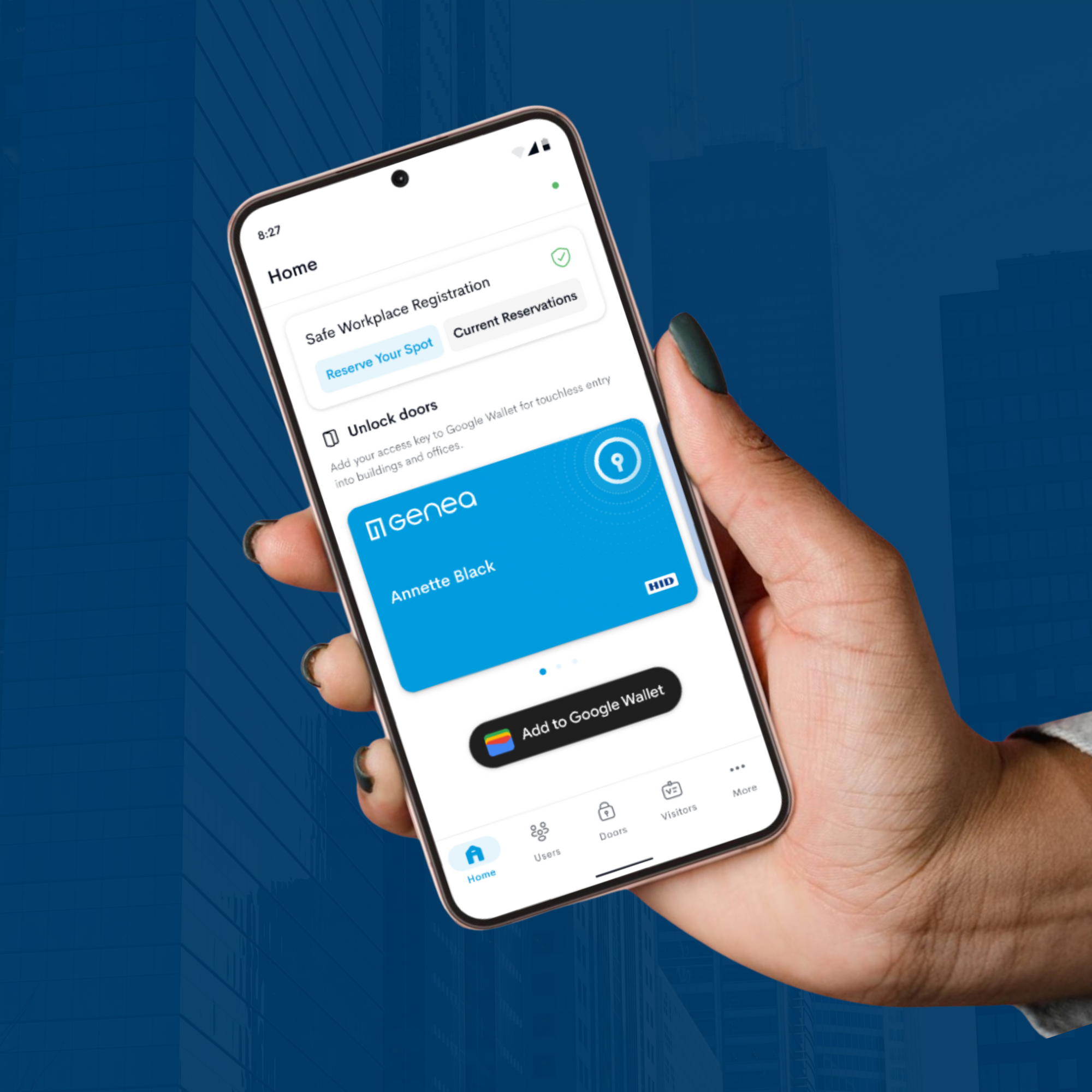 A person holding a smartphone displaying an app interface with options for workspace registration and unlocking doors. The app screen features a digital access card labeled Genea with the name Annette Black, seamlessly integrated with Google Wallet for easy access management.