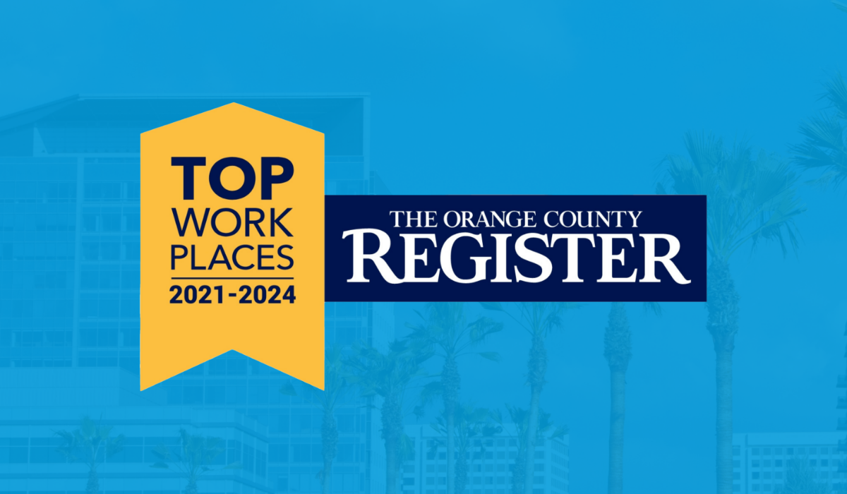 Image featuring a yellow badge with Top Workplace 2021-2024 next to the logo of The Orange County Register on a blue background with faint palm trees and buildings.