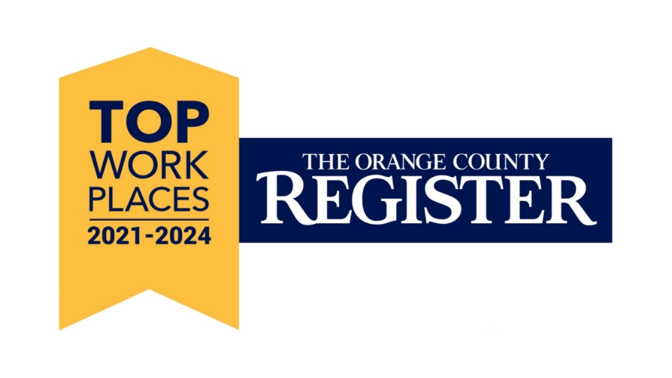 A logo with a yellow ribbon on the left stating Top Workplaces 2021-2024 and a blue rectangle on the right displaying The Orange County Register.