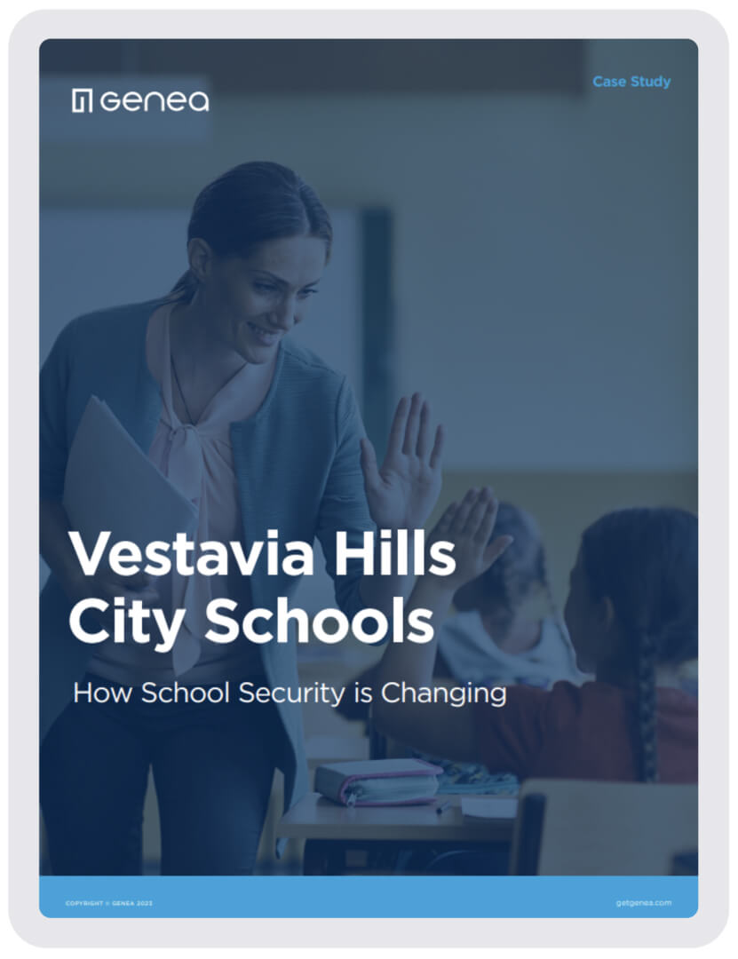 A teacher smiles and gives a high-five to a student in a classroom. The text reads, "Vestavia Hills City Schools: How Access Control for Schools is Changing." The image is part of a case study by Genea.