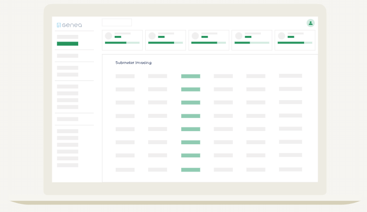 A computer screen displays a tenant billing software interface for submeter invoicing. The interface features a sidebar on the left and a grid layout with rows and columns on the right, showcasing green and gray lines or indicators.